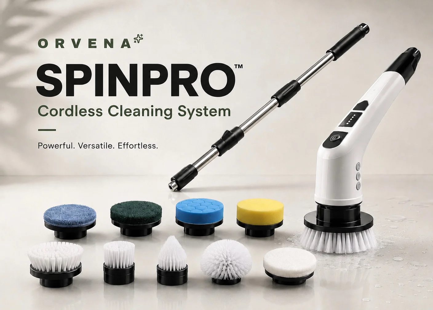 ORVENA SpinPro cordless power scrubber with extendable handle and spinning brush heads