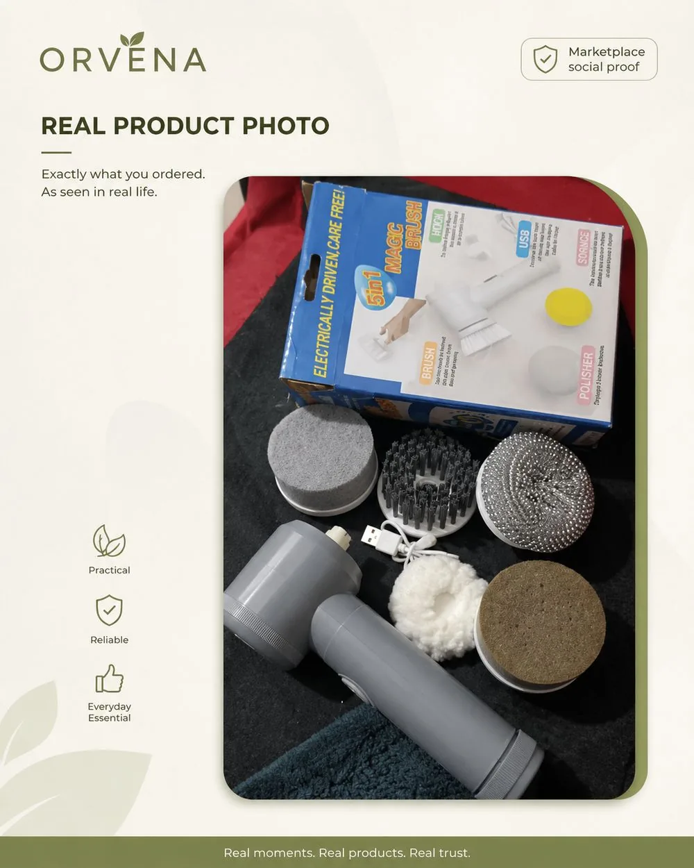 Marketplace buyer photo of a compact electric spin scrubber with its box and five brush heads