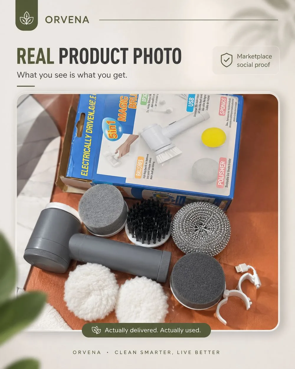 Marketplace buyer photo of the compact scrubber laid out with its brush, pad and sponge heads