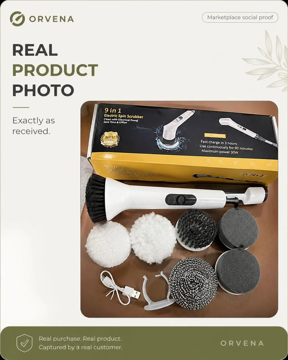 Marketplace buyer photo of the extended-reach spin scrubber with its box and included heads