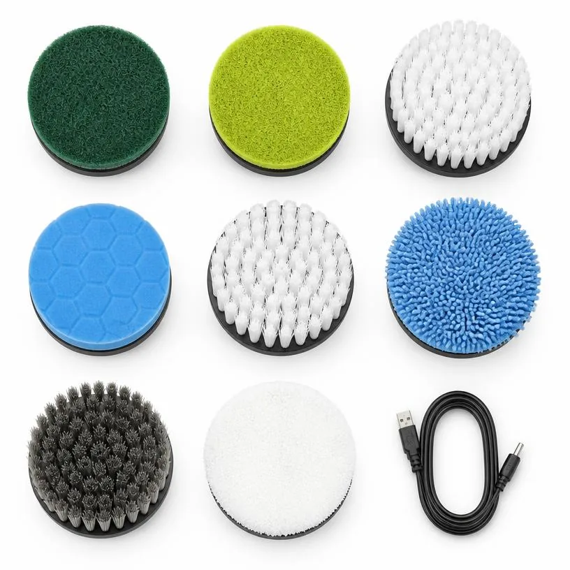 Nine interchangeable cleaning heads and a charging cable