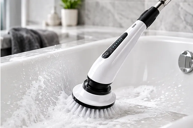 ORVENA SpinPro power scrubber cleaning a bathtub with a round brush head