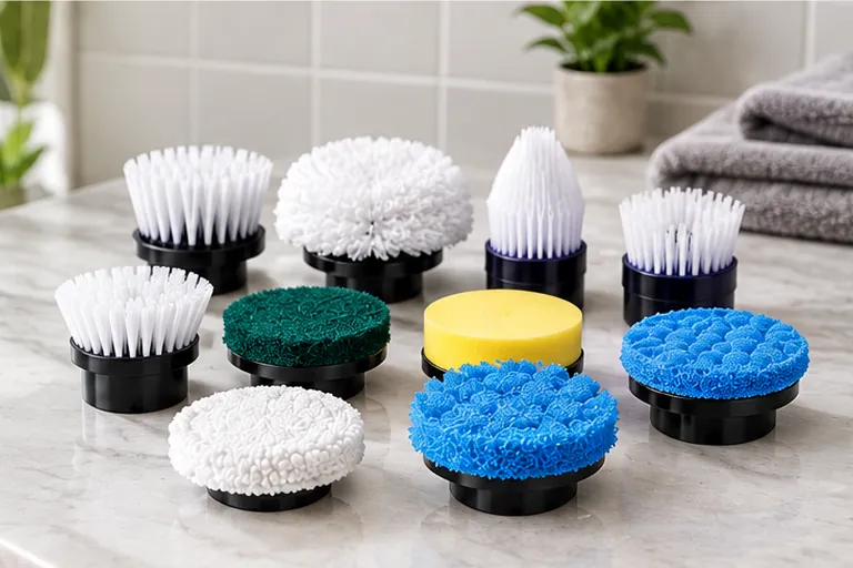 Nine ORVENA SpinPro brush and pad heads arranged on a bathroom counter